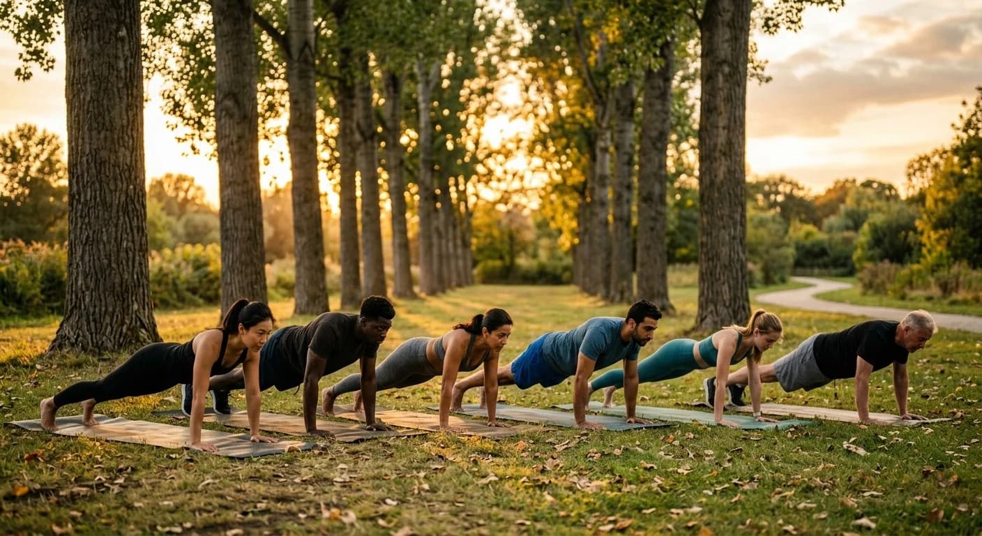 Grup fent flexions en posició de plancha sobre esterilles en un parc, llum daurada de capvespre